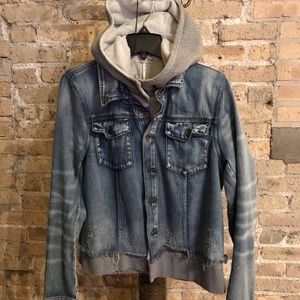 Jean jacket attached sweatshirt hood worn style
